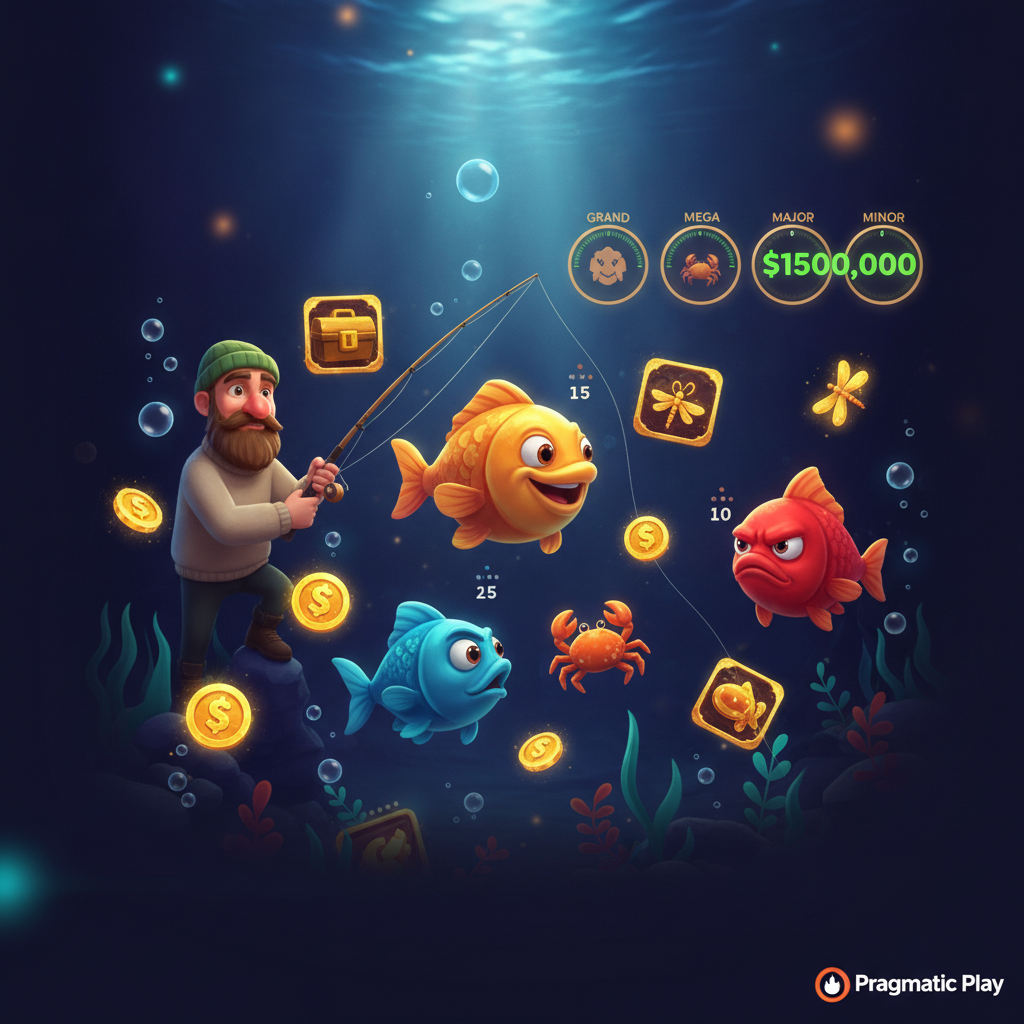 Big Bass 3 Little Fish slot game - pescador con caña, peces de colores naranja azul y rojo, fondo submarino con plantas acuáticas, símbolos de dinero y jackpots progresivos