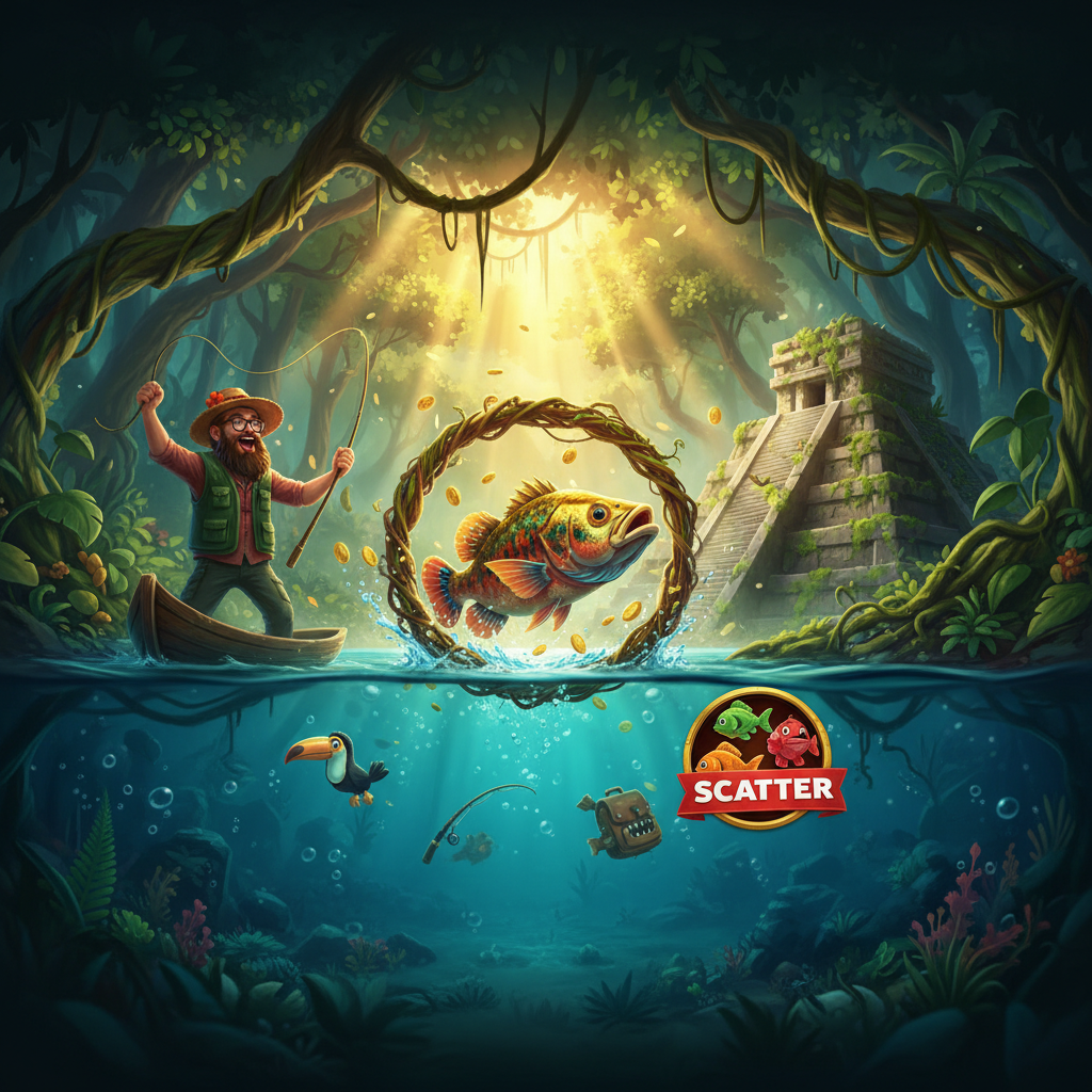 Big Bass Amazon Xtreme tragamonedas con pescador en canoa, pez gigante dorado, templo maya y símbolo scatter de peces exóticos en la jungla amazónica