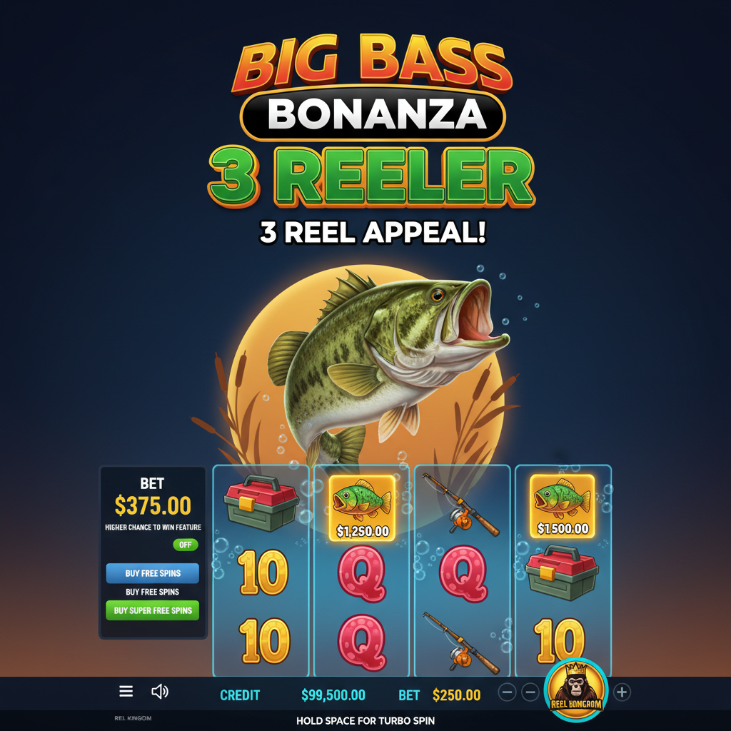 Big Bass Bonanza 3 Reeler slot de pesca submarina con carretes 3x3, símbolo Money Fish, Wild del pescador y bass saltando como Scatter