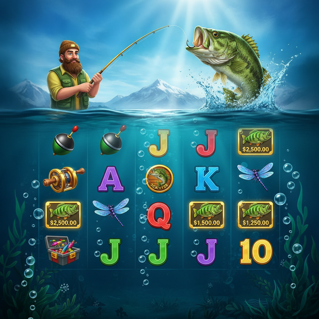 Big Bass Bonanza slot de pesca submarina con pescador, lubina saltando, bobber flotante y carretes bajo el agua con símbolos de caña de pescar y libélula