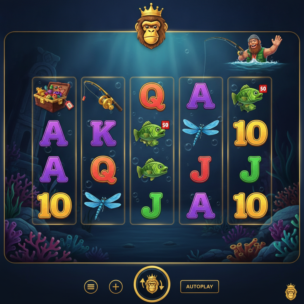 Big Bass Bonanza Keeping it Reel slot con pescador, bass verde, carretes 5x3 bajo el agua con símbolos dorados y corales de colores