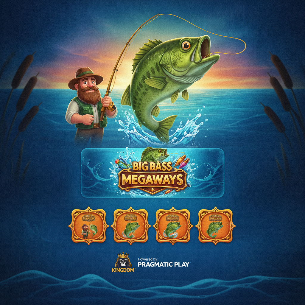 Big Bass Bonanza Megaways - pescador con caña dorada junto al pez bajo verde saltando del agua al atardecer, tema de pesca deportiva con símbolos de scatter y carretes Megaways