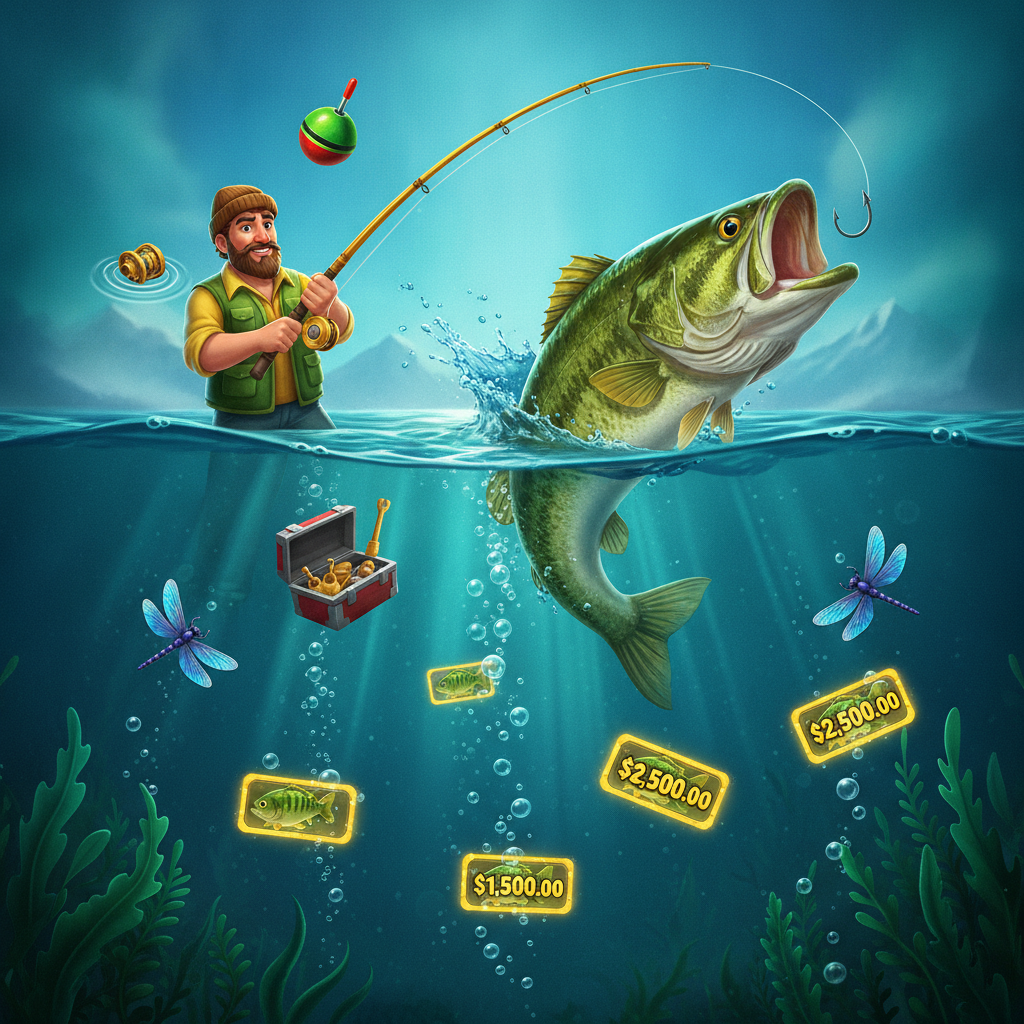 Big Bass Bonanza slot de pesca submarina con pescador, bass saltando, bobber, dragonfly, reel dorado y símbolos de dinero en agua turquesa