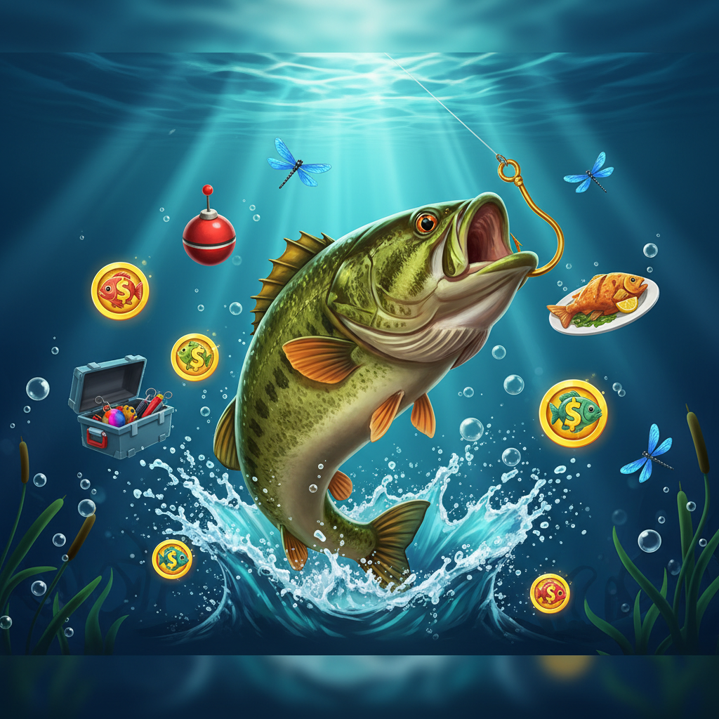 Big Bass Bonanza Reel Action slot de pesca submarina con pejerrey saltando, anzuelos dorados, símbolos scatter y bobber flotante en agua turquesa profunda