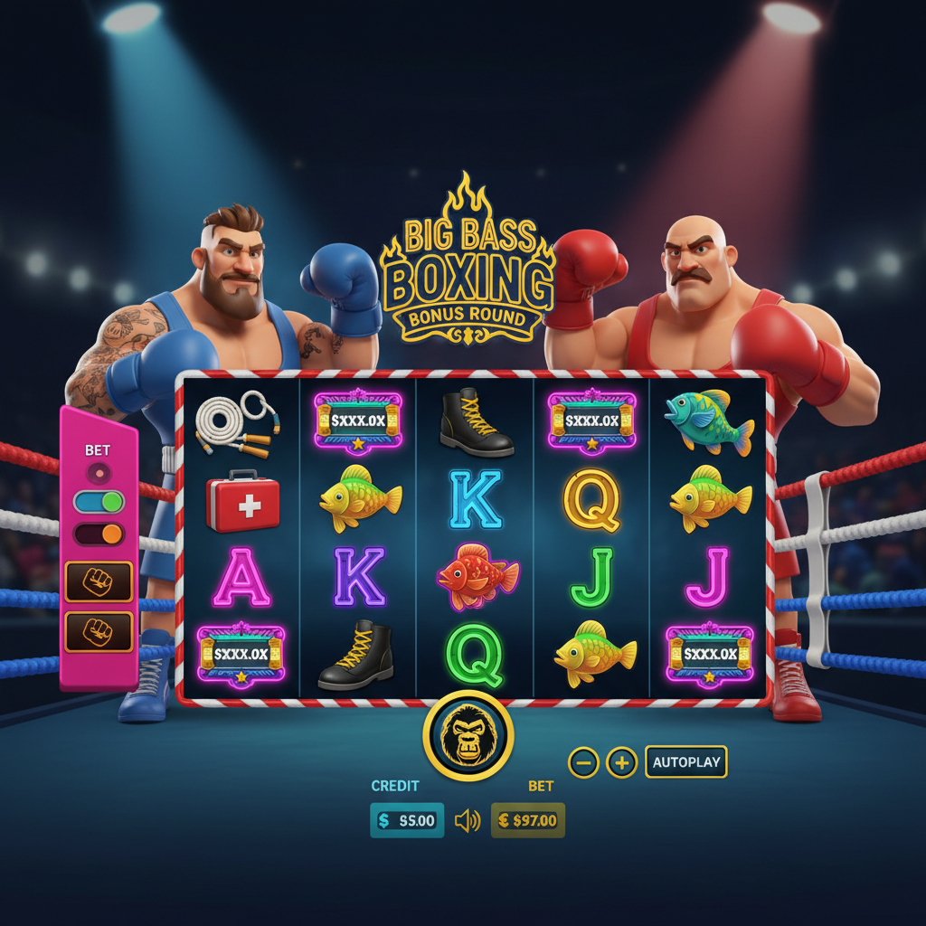 Big Bass Boxing Bonus Round slot con boxeadores rojo y azul en ring de boxeo, símbolos de guantes plateados, botas amarillas y peces de dinero multicolor