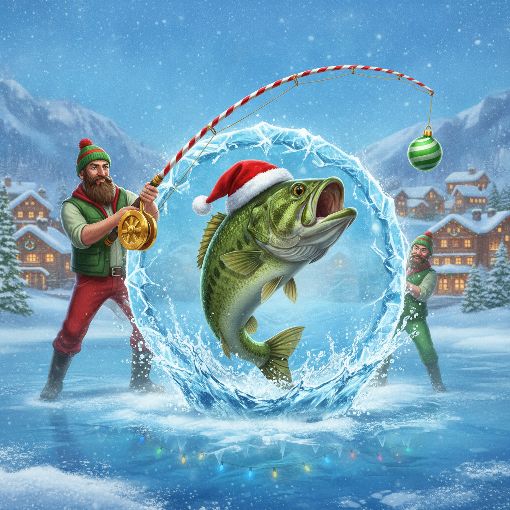 Big Bass Christmas Bash: pez bajo verde con gorro de Santa saltando del hielo, pescador navideño, caña de pescar con bastón de caramelo, pueblo nevado y decoraciones navideñas