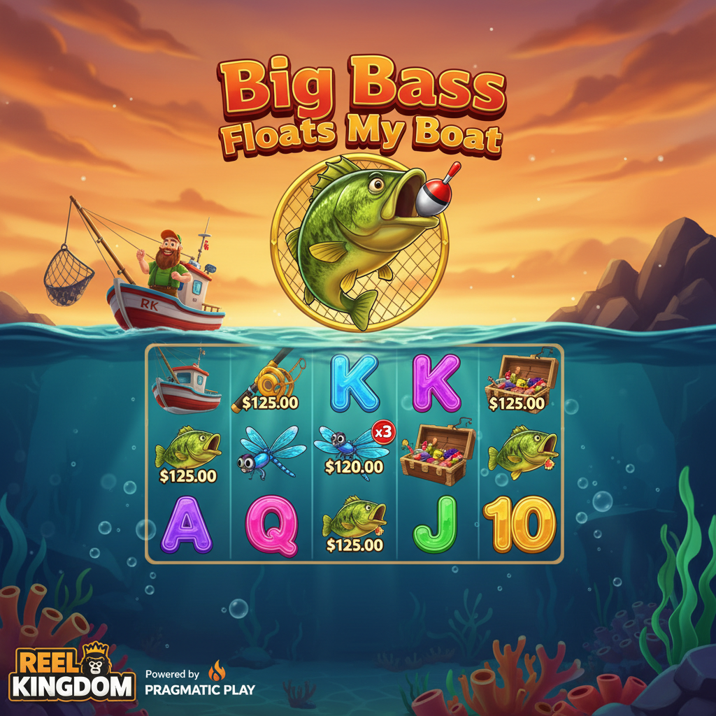 Big Bass Floats My Boat tragamonedas con pez bass saltando, barco de pesca rojo, pescador barbudo, tema de pesca submarina con símbolos de caña, libélula y caja de aparejos
