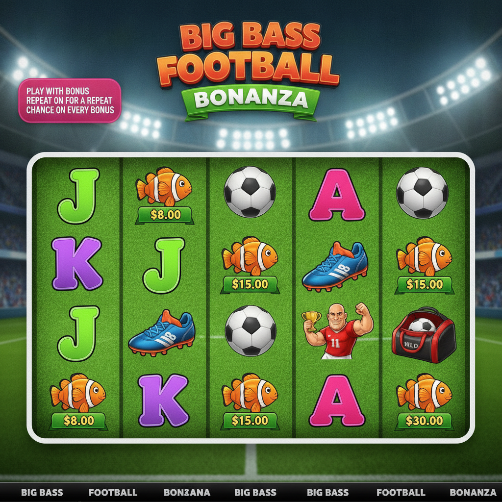 Big Bass Football Bonanza slot con cancha de fútbol verde, jugadores wild en camisetas azul y roja, símbolos de pez money fish naranja con valores en dólares y pelota de fútbol