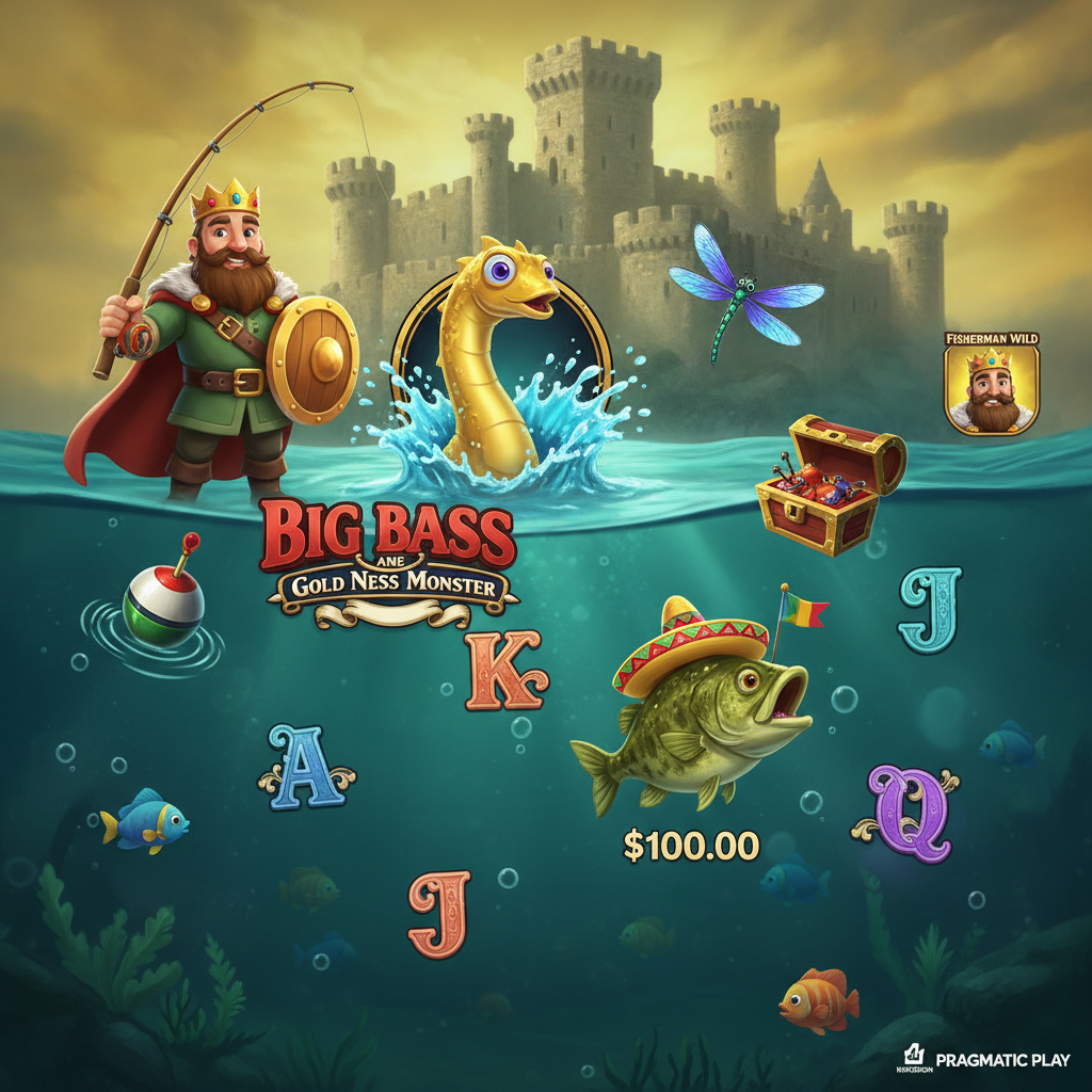 Big Bass and the Gold Ness Monster tragamonedas con pescador rey, monstruo dorado del lago Ness, símbolos de pesca submarina, castillo medieval y monedas de oro