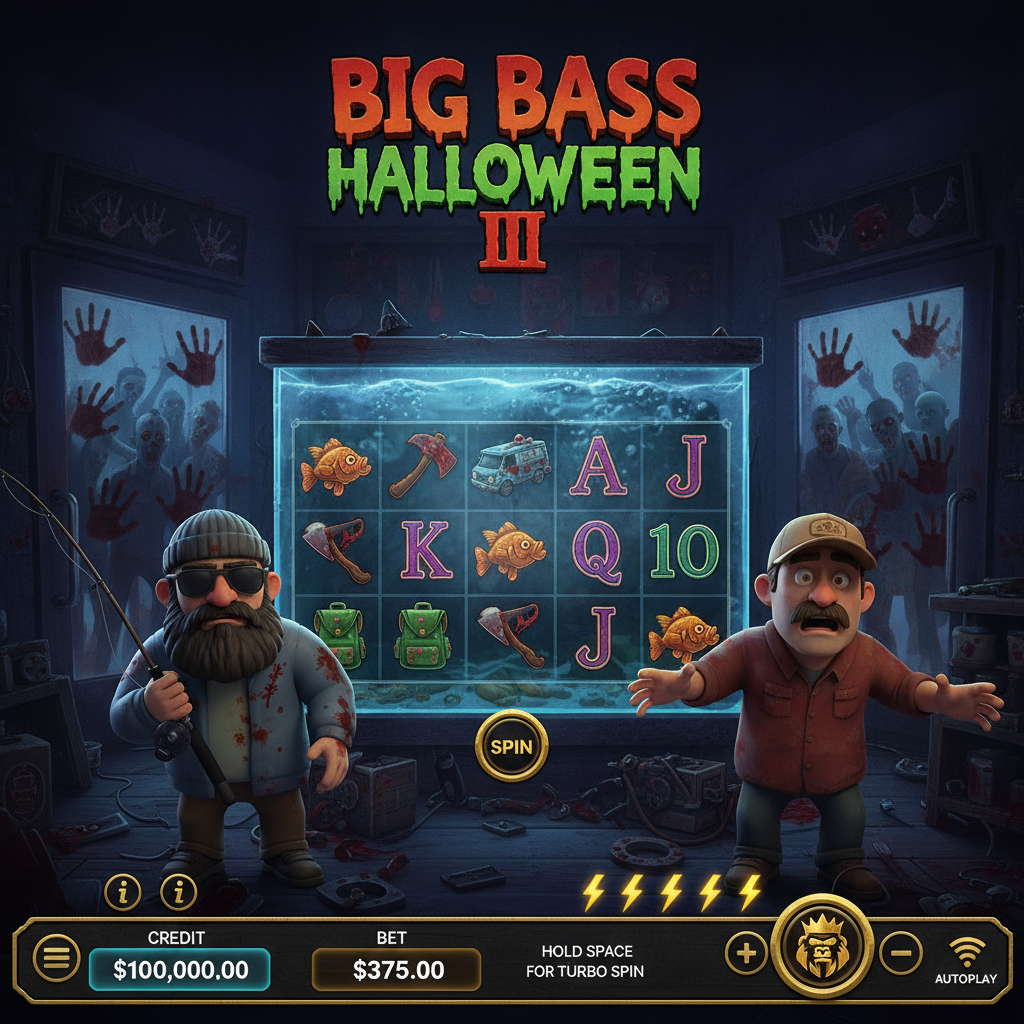 Big Bass Halloween III tragamonedas con pescadores zombies en tienda de pesca, símbolos de peces zombies, furgoneta zombie y hacha sangrienta con temática de terror de Halloween