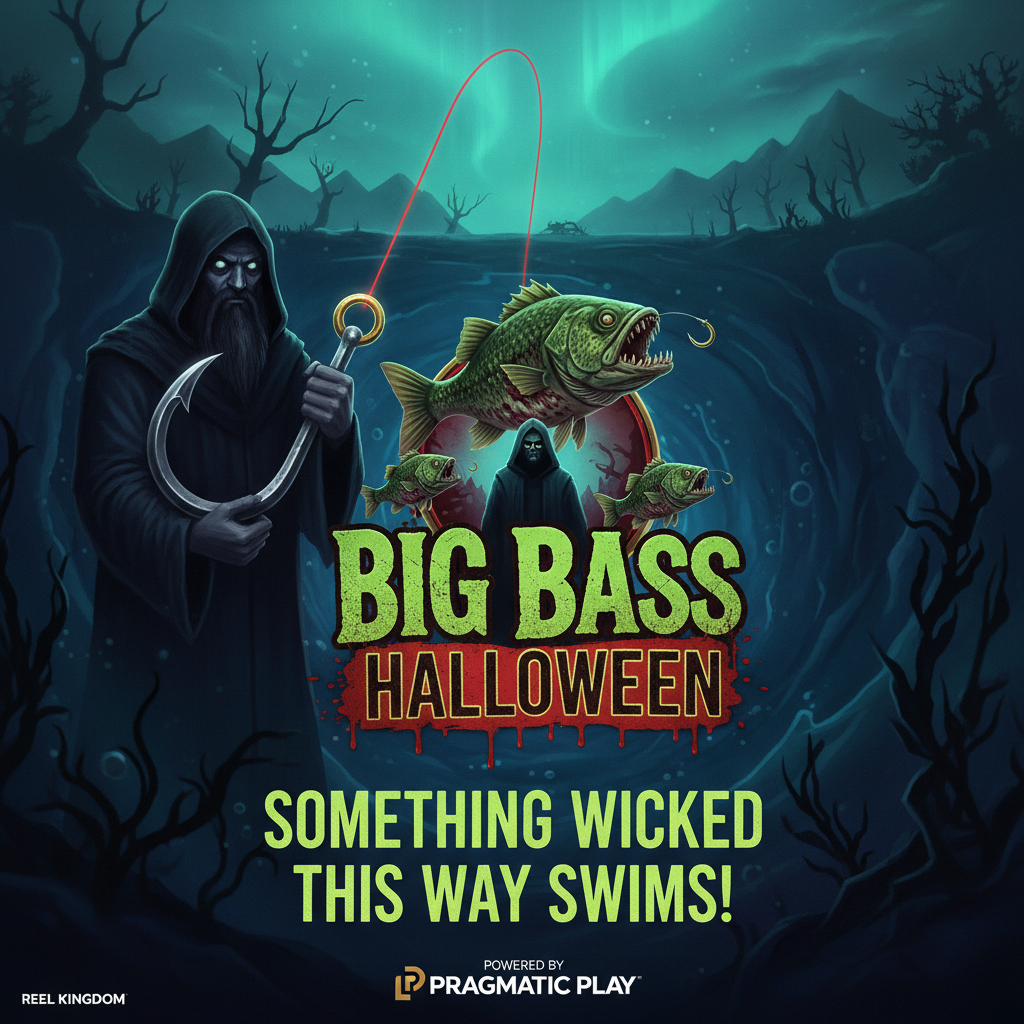 Big Bass Halloween slot con bass zombie, pescador siniestro, símbolos de pesca terroríficos y ambiente submarino oscuro de Halloween