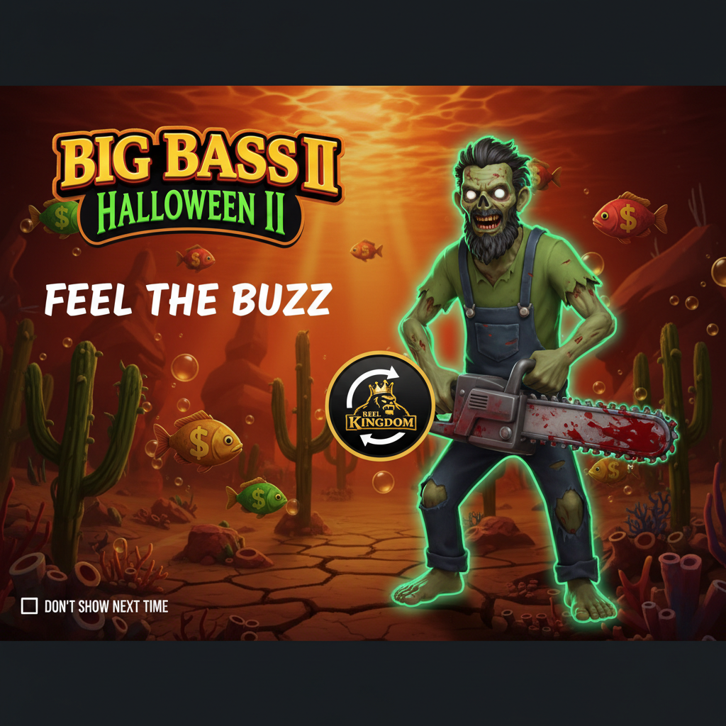 Big Bass Halloween II slot con pescador zombie sosteniendo motosierra sangrienta, ambiente submarino oscuro con elementos de terror, símbolos de peces y monstruos