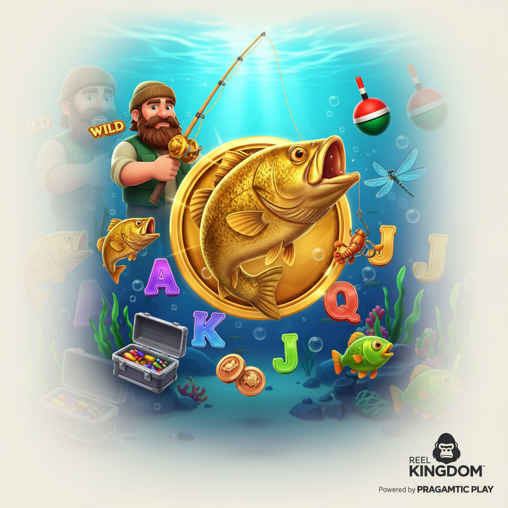 Big Bass Hold & Spinner slot con pescador, pez dorado, bobber de pesca y símbolos de cartas en escenario de lago submarino
