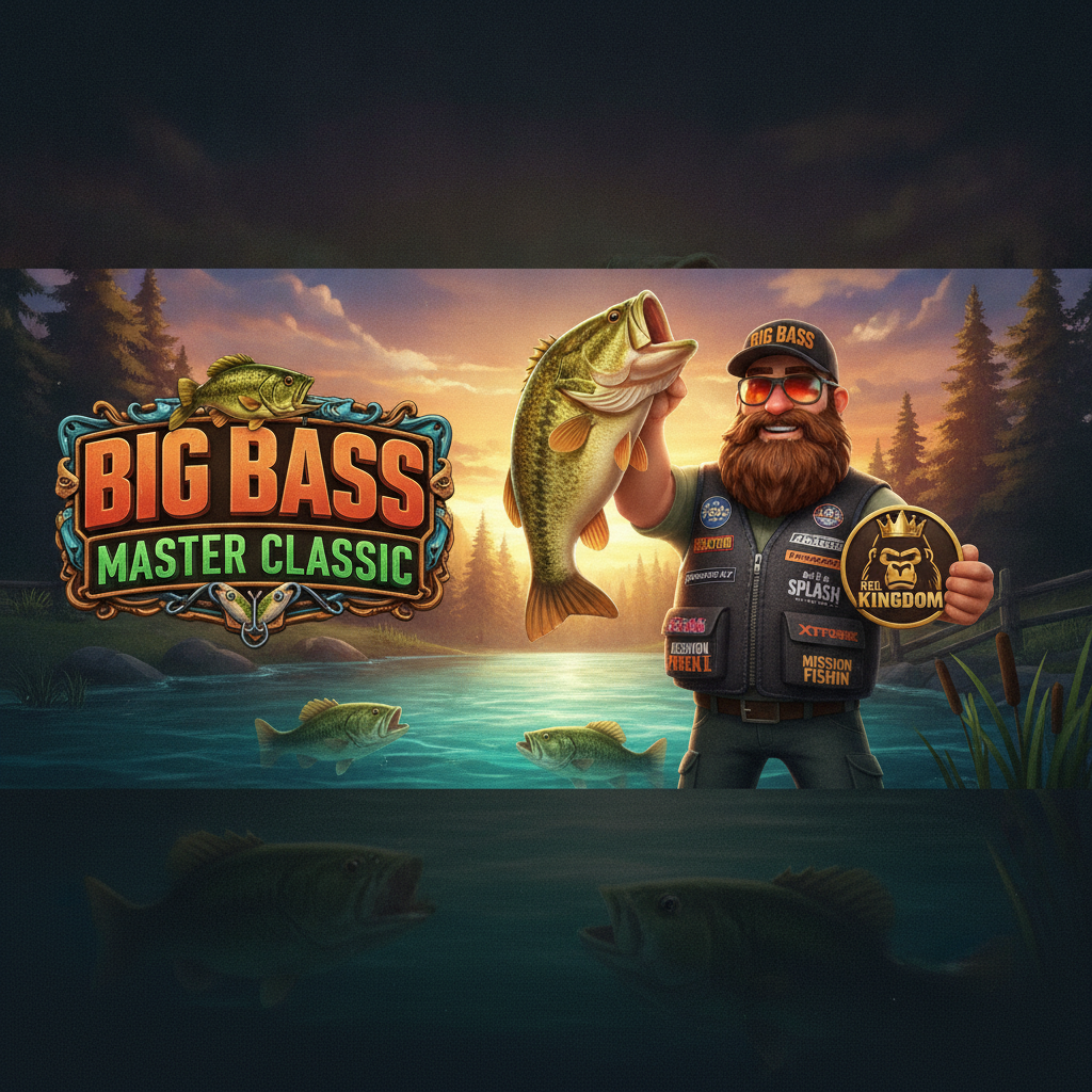 Big Bass Master Classic Jackpot Bonanza slot: pescador con chaleco de sponsors sosteniendo pez bass naranja sobre lago turquesa con muelle de madera al atardecer