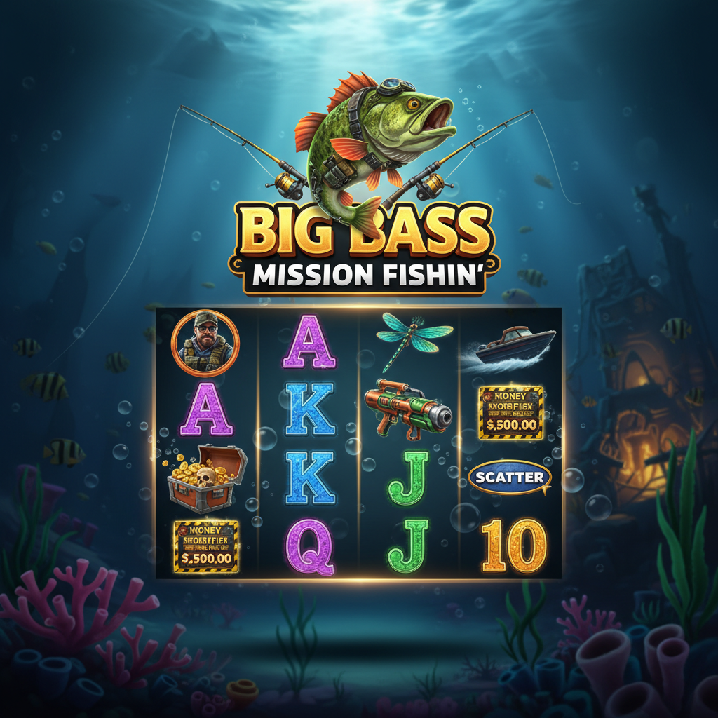 Big Bass Mission Fishin' slot de Pragmatic Play con pescador táctico, pez bass verde, misión submarina y carretes 5x3 con símbolos de dragonfly, arpón y cofre del tesoro