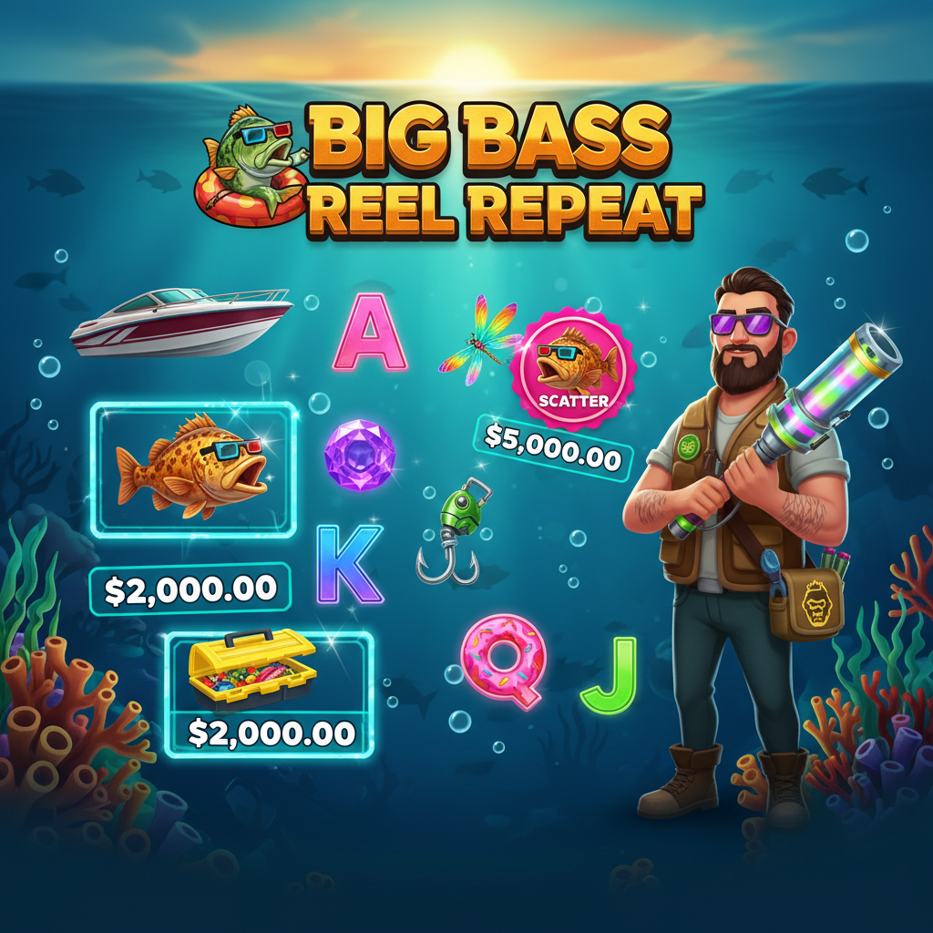 Big Bass Reel Repeat tragamonedas con escena submarina de pesca, pescador con lentes violetas, pez bass con gafas 3D, lancha rápida y símbolos money con valores en dólares