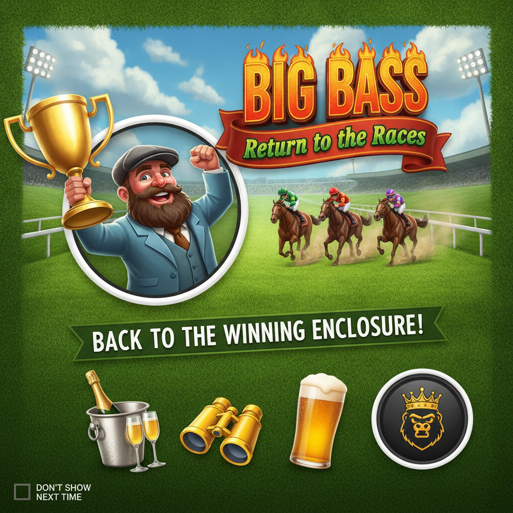 Big Bass Return to the Races slot con jockeys corriendo en hipódromo, símbolos de champagne, binoculares y trofeo dorado en pista de carreras verde
