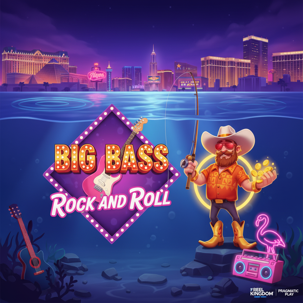 Big Bass Rock and Roll tragamonedas submarina con estética de Las Vegas, pescador rockero con sombrero vaquero, Cadillac rosa, flamenco neón y guitarras bajo el agua
