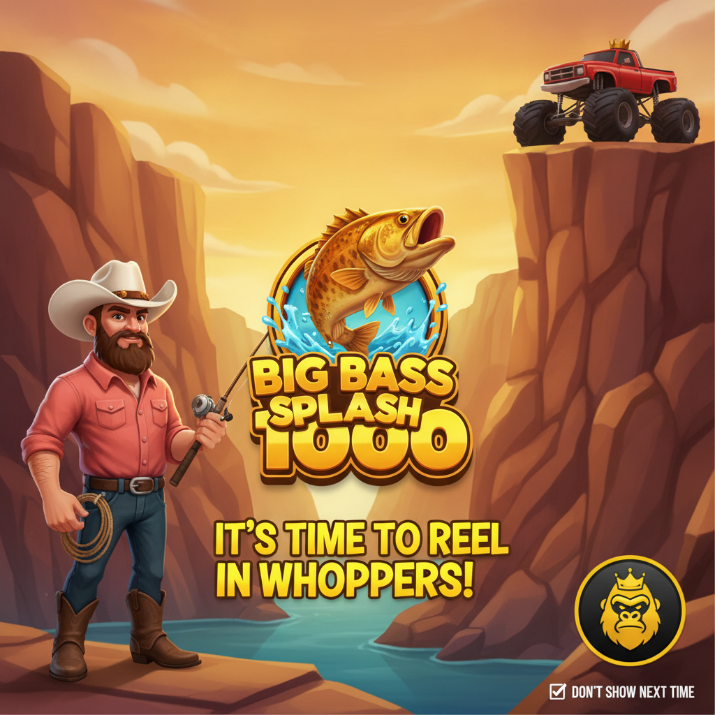 Big Bass Splash 1000 tragamonedas con pescador, cañón rocoso, camión monstruo y logo dorado de pez saltando del agua