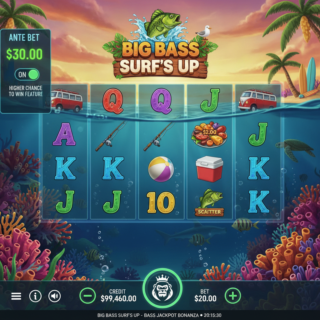 Big Bass Surf's Up slot con escena submarina al atardecer, pez bass saltando, surfista con gorro rojo, carretes con símbolos de furgoneta surfera, caña de pesca y pelota de playa sobre fondo de arrecife de coral