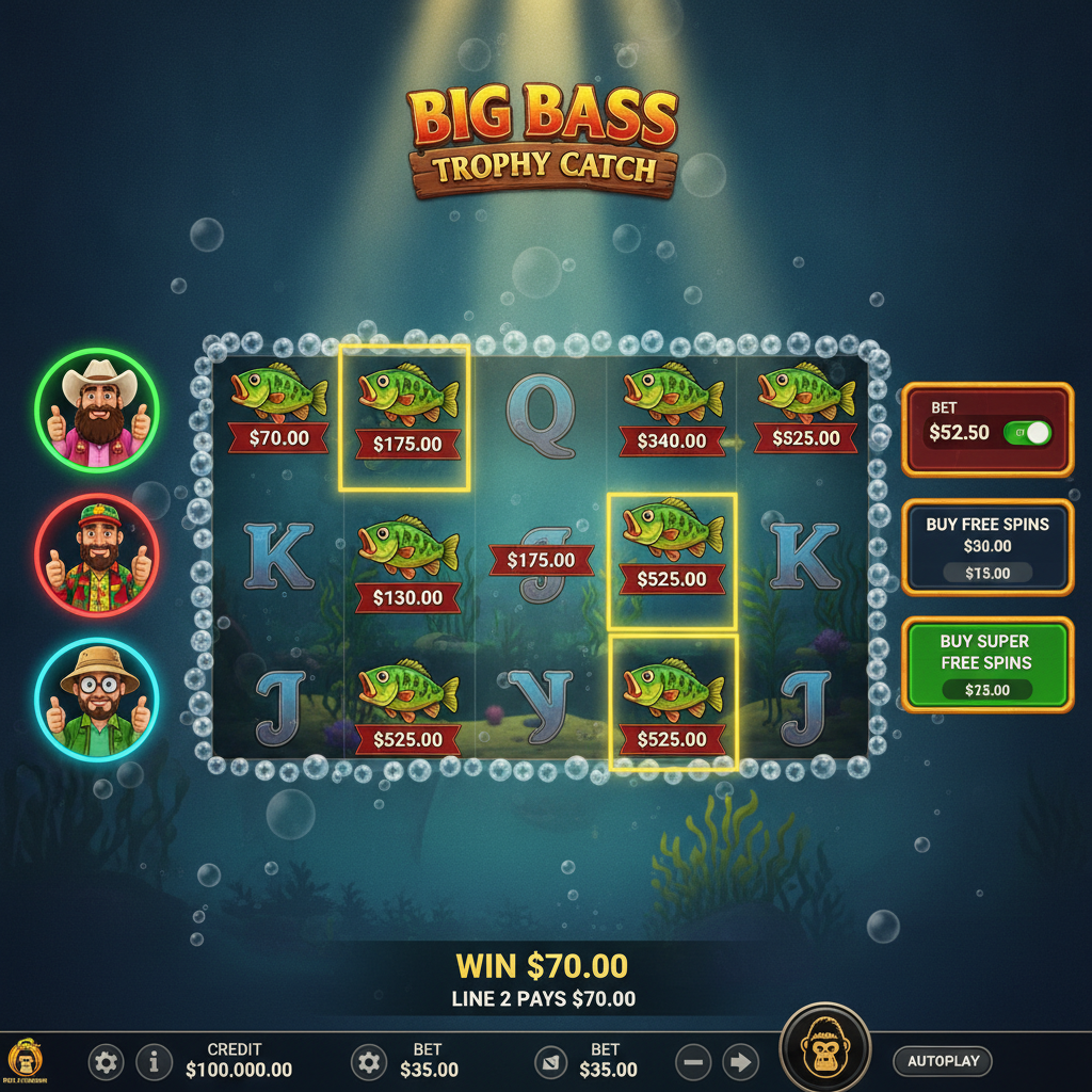 Big Bass Trophy Catch slot con escena submarina turquesa, pescadores con trofeos dorados, símbolos de peces con valores monetarios y red de 5x3