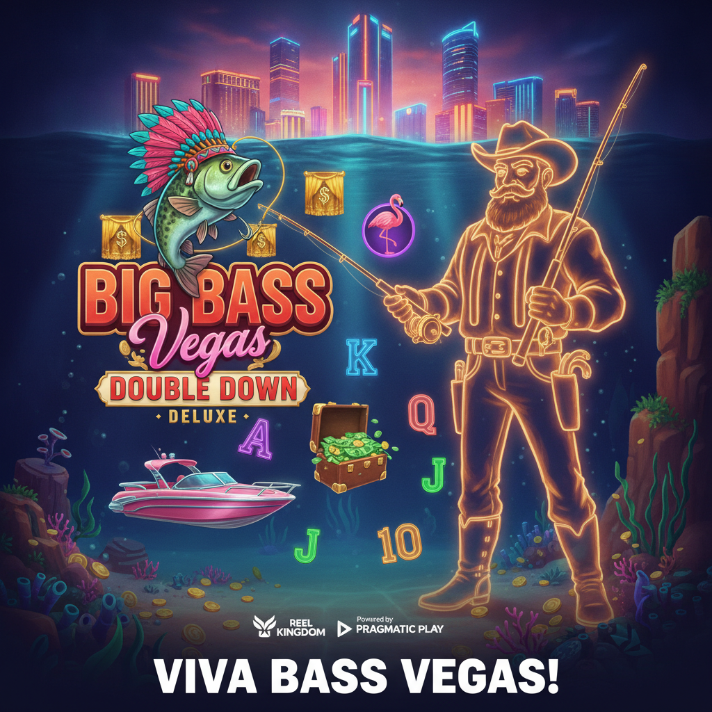 Big Bass Vegas Double Down Deluxe tragamonedas con pejerrey con plumas, neones de Las Vegas, caña de pescar dorada y símbolos de efectivo bajo el agua