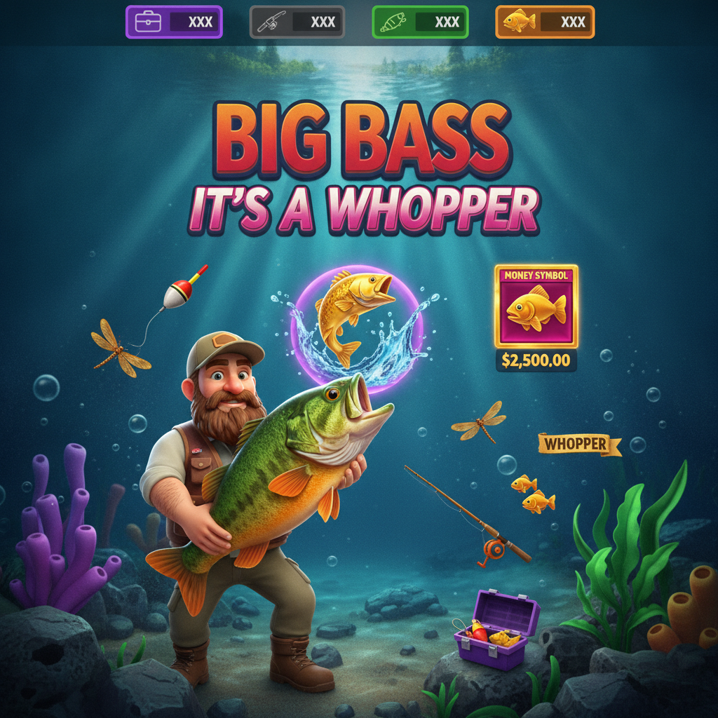 Big Bass It's a Whopper Jackpot Bonanza slot de pesca con pescador sosteniendo róbalo gigante, 4 jackpots progresivos, símbolos de caña flotador libélula bajo el agua con burbujas