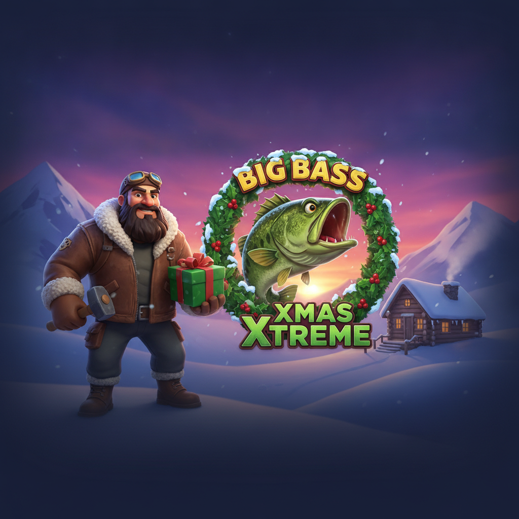 Big Bass Xmas Xtreme slot con pescador barbudo en traje invernal, logo con pez verde atravesando corona navideña de acebo rojo, escena nevada ártica con cielo rosa violeta