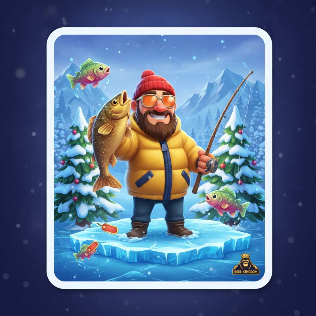 Bigger Bass Blizzard Christmas Catch: pescador con chaqueta amarilla y gorro rojo en escenario de pesca en hielo con pinos nevados y símbolos de scatter fish