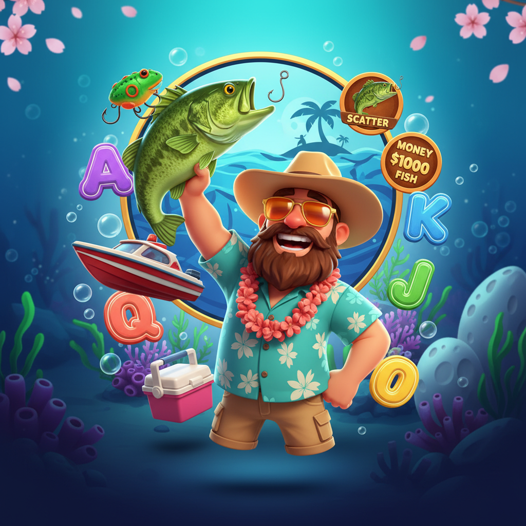 Bigger Bass Splash slot con pescador en camisa hawaiana, pez bass verde, tema de pesca tropical submarina con arrecifes de coral y aguas turquesas