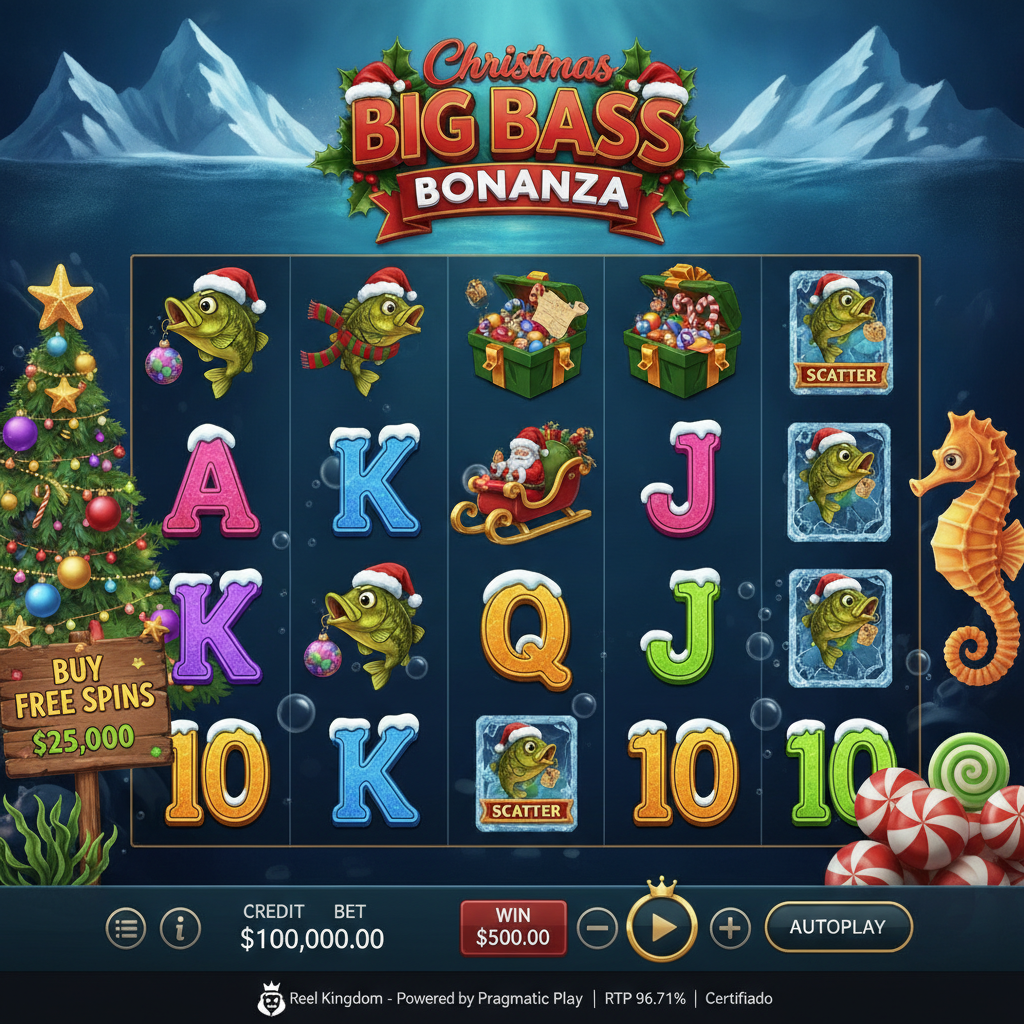 Christmas Big Bass Bonanza slot navideño submarino con Santa pescador, peces con gorros navideños, símbolos congelados y trineo de regalos en pantalla 5x3